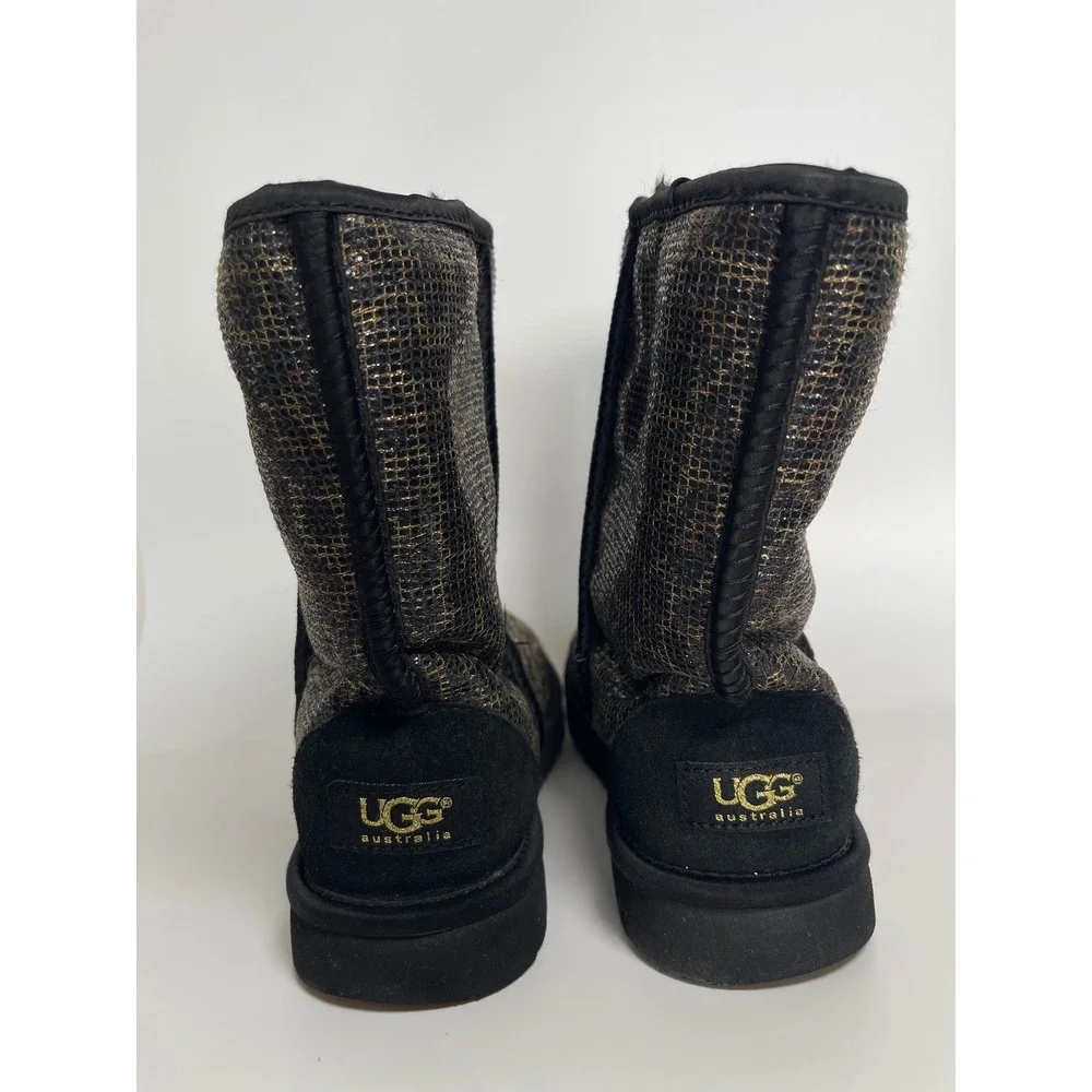 UGG Australia Classic Short Sparkle Grid Black Gold Metallic Boots Womens 7